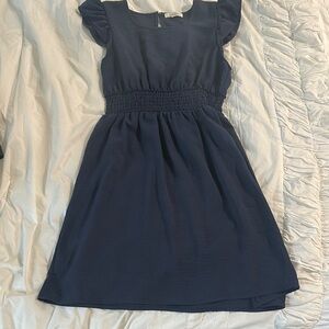 Blue Fit and Flare Dress with Flutter Cap Sleeves